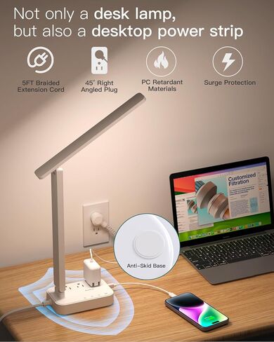 Addtam LED Desk Lamp, Power Strip with 3 Outlets 4 USB Charging Ports(2 USBC), 4 Modes 5 Level Brightness Touch Lamp, Small Desk Lamp for Home Office College Dorm Room Essentials in Kuwait