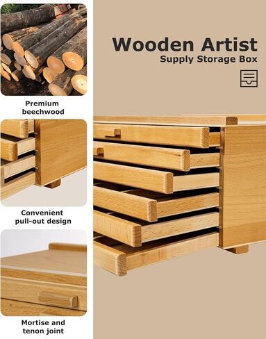6-Drawer Art Supply Storage Box, Portable Beech Wood Organizer with Removable Dividers for Brushes, Pastels, Markers, and Other Art Tools, Natural in Kuwait