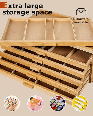 6-Drawer Art Supply Storage Box, Portable Beech Wood Organizer with Removable Dividers for Brushes, Pastels, Markers, and Other Art Tools, Natural in Kuwait