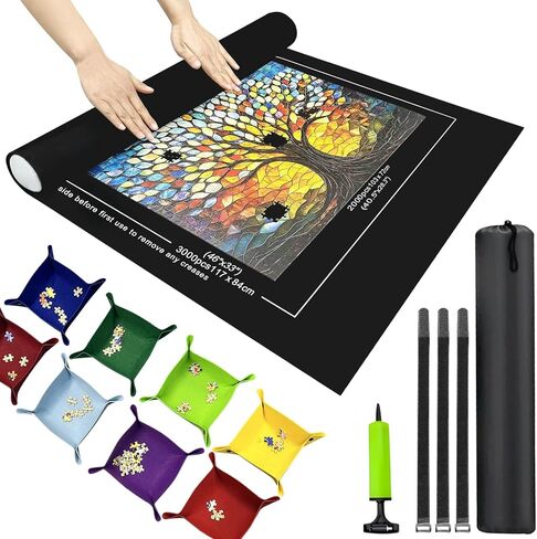 Puzzle Roll Mat Puzzle Storage Puzzle Saver with 8 Colored Sorting Trays Storage Bag Pump Jigsaw Felt Mat with Anti-Leak Tube & 3 Elastic Bands Portable Puzzle Keeper (3000pcs Black) in Saudi Arabia