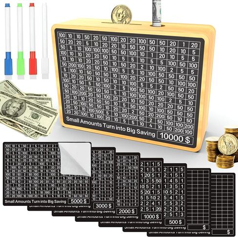 Piggy Bank for Adults Kids, Wooden Coin Bank for Boys and Girls, Cash Vault Money Saving Box with Counter $10000 Savings Challenge Money Box with Money Target and Numbers (Brown $10000) in Saudi Arabia