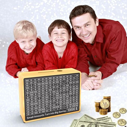 Piggy Bank for Adults Kids, Wooden Coin Bank for Boys and Girls, Cash Vault Money Saving Box with Counter $10000 Savings Challenge Money Box with Money Target and Numbers (Brown $10000) in Saudi Arabia