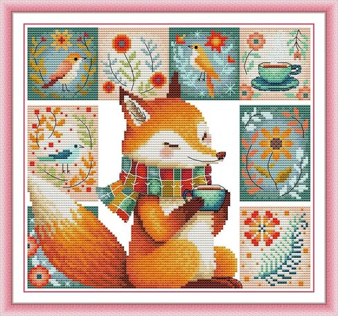 Stitchhaven 14CT Cute Animal Counted Cross Stitch Kit for Beginners, Unprinted Complete DIY Embroidery Set with Pattern & Tools, Premium Aida Cloth & Threads (The Fox Drinking Coffee) in Saudi Arabia