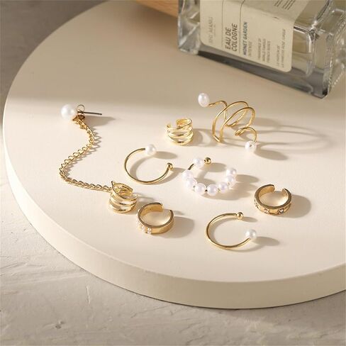 Gold Ear Cuff Earrings for Women Ear Cuffs Non Piercing Set Pearl Ear Cuffs Cartilage Helix Fake Earrings Cubic Zirconia Earrings Jewelry Gifts for Women in Saudi Arabia