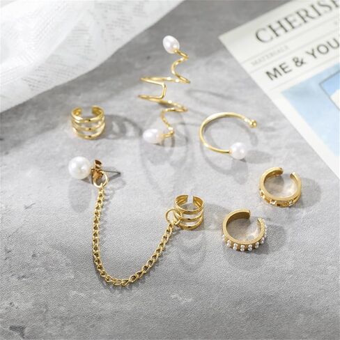 Gold Ear Cuff Earrings for Women Ear Cuffs Non Piercing Set Pearl Ear Cuffs Cartilage Helix Fake Earrings Cubic Zirconia Earrings Jewelry Gifts for Women in Saudi Arabia