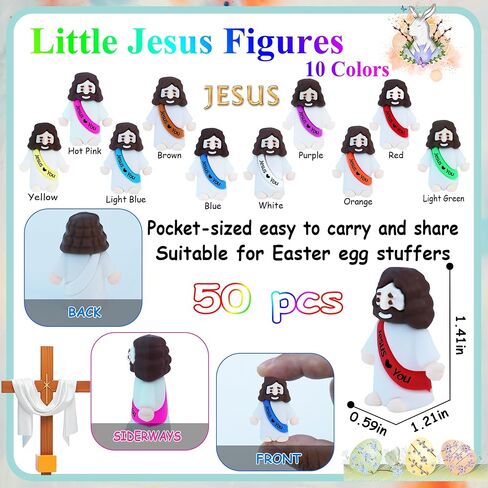 50 Pcs Little Jesus Figures– Rubber Mini Jesus Figurines in Bulk Christian Doll Tiny Baby Jesus Loves You Figures for Hide and Seek Easter Egg Fillers Egg Hunt Religious Party Favors (Mix Color 10) in Kuwait