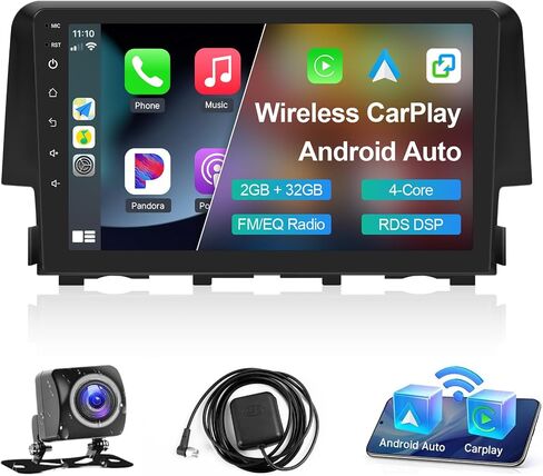 Leadfan Android Car Stereo لهوندا سيفيك 2016 2017 2018 2019 2020 2021 راديو لاسلكي Carplay Android Auto، 9 بوصة IPS Civic شاشة تعمل باللمس رئيس وحدة لاعب WiFi GPS Navi Bluetooth كاميرا خلفية SWC in Kuwait