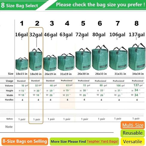 Standard 2-Pack 16 Gallon Yard Lawn Garden Bags (D18, H15 inch) with Gardening Gloves, Yard Waste Bags,Garden Debris Bag,Camping Trash Bags,Recycling Bag,Laundry Bag,Lawn Weeds Bag,Leaf Bags 4 handles in Kuwait