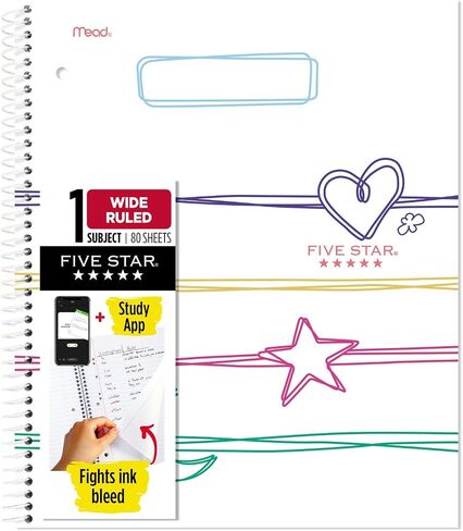 Five Star Spiral Notebooks + Study App, 2 Pack, 1 Subject, Wide Ruled Paper, 10-1/2" x 8", Brushy Move (930060FA-RSP) in Saudi Arabia