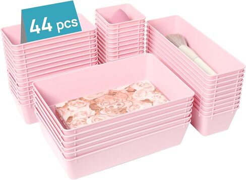 Vtopmart 44 PCS Clear Plastic Drawer Organizers Set, 4-Size Versatile Bathroom and Vanity Organizer Trays, Non-Slip Storage Containers for Makeup, Jewelries, Bedroom，Kitchen Utensils and Office in Kuwait