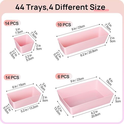 Vtopmart 44 PCS Clear Plastic Drawer Organizers Set, 4-Size Versatile Bathroom and Vanity Organizer Trays, Non-Slip Storage Containers for Makeup, Jewelries, Bedroom，Kitchen Utensils and Office in Kuwait