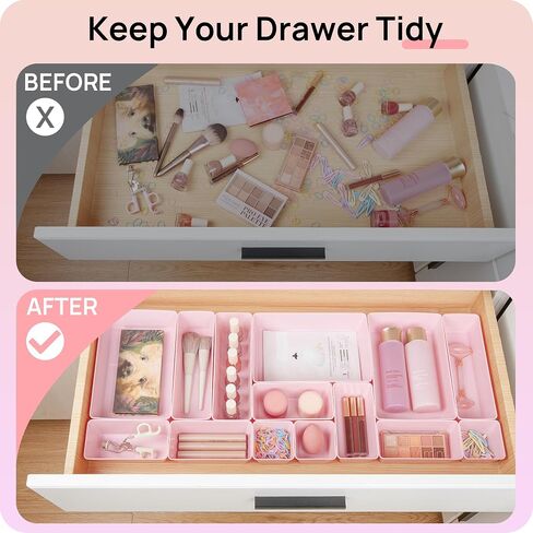 Vtopmart 44 PCS Clear Plastic Drawer Organizers Set, 4-Size Versatile Bathroom and Vanity Organizer Trays, Non-Slip Storage Containers for Makeup, Jewelries, Bedroom，Kitchen Utensils and Office in Kuwait
