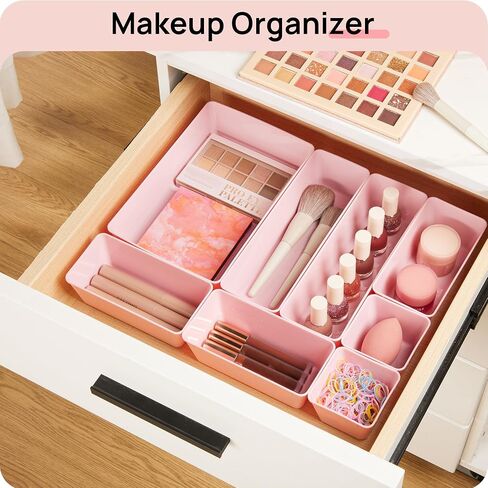 Vtopmart 44 PCS Clear Plastic Drawer Organizers Set, 4-Size Versatile Bathroom and Vanity Organizer Trays, Non-Slip Storage Containers for Makeup, Jewelries, Bedroom，Kitchen Utensils and Office in Kuwait