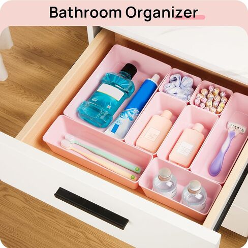 Vtopmart 44 PCS Clear Plastic Drawer Organizers Set, 4-Size Versatile Bathroom and Vanity Organizer Trays, Non-Slip Storage Containers for Makeup, Jewelries, Bedroom，Kitchen Utensils and Office in Kuwait