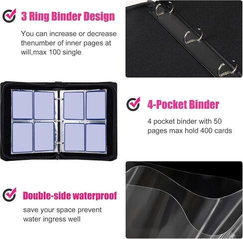 Collectible Trading Card Albums,4 Pocket Card Binder, 400 Double Sided Pocket PU Premium Zip Trading Collection Binderwith 50 Removable Sleeves for TCG, Sports Card. (pinkcolor) in Saudi Arabia