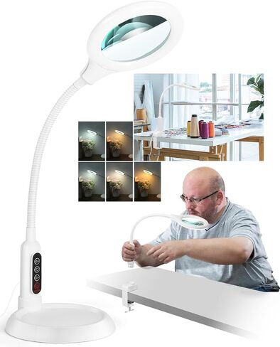 10X Magnifying Glass with Light and Stand, LED 5 Color Modes, Brightness Stepless Dimming Lighted Magnifier Hands Free, Flexible Gooseneck Desk Lamp with Clamp for Close Works, Crafts, Hobby, Painting in Saudi Arabia
