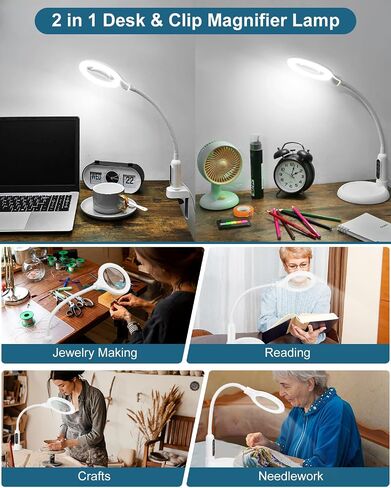 10X Magnifying Glass with Light and Stand, LED 5 Color Modes, Brightness Stepless Dimming Lighted Magnifier Hands Free, Flexible Gooseneck Desk Lamp with Clamp for Close Works, Crafts, Hobby, Painting in Saudi Arabia