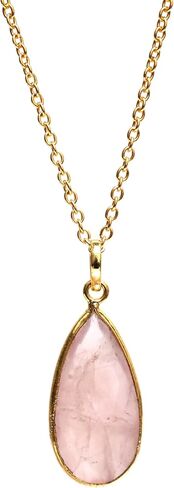 GEMPERES Rose Quartz Long Pear Bezel Necklede Gemstone Gemlace مع سلسلة مطلية بالذهبية مقاس 18 كيلو بونتش-قلادة أنيقة للدموع للنساء (روز كوارتز) in Kuwait