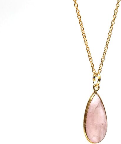 GEMPERES Rose Quartz Long Pear Bezel Necklede Gemstone Gemlace مع سلسلة مطلية بالذهبية مقاس 18 كيلو بونتش-قلادة أنيقة للدموع للنساء (روز كوارتز) in Kuwait