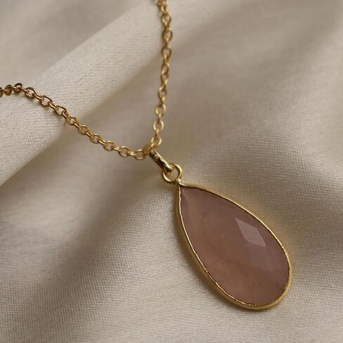 GEMPERES Rose Quartz Long Pear Bezel Necklede Gemstone Gemlace مع سلسلة مطلية بالذهبية مقاس 18 كيلو بونتش-قلادة أنيقة للدموع للنساء (روز كوارتز) in Kuwait