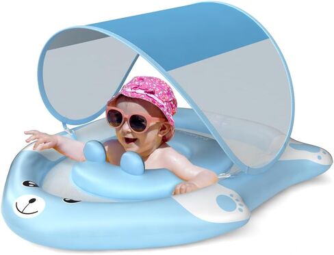 Swimming Float Ring with Removable Sun Protection Canopy,Anti-Slip Crotch Inflatable Baby Swimming Float with Sponge Safety Bottom,Toddler for Age of 3-36 Months in Saudi Arabia