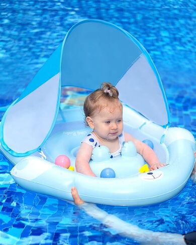 Swimming Float Ring with Removable Sun Protection Canopy,Anti-Slip Crotch Inflatable Baby Swimming Float with Sponge Safety Bottom,Toddler for Age of 3-36 Months in Saudi Arabia
