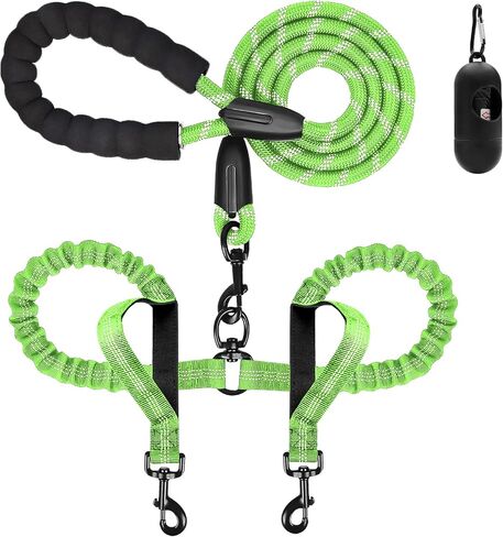 Dog Leash, Double Dog Leash for Two Dogs, Heavy Duty Adjustable Dual Dog Leash No Tangle, Bungee Retractable Split Multiple Leash for Walking 2 Dogs, Dog Poop Bags Trip Essentials (5.5FT-1/2", Black) in Saudi Arabia