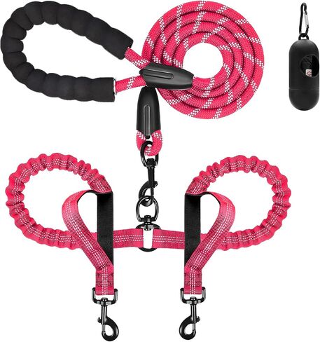 Dog Leash, Double Dog Leash for Two Dogs, Heavy Duty Adjustable Dual Dog Leash No Tangle, Bungee Retractable Split Multiple Leash for Walking 2 Dogs, Dog Poop Bags Trip Essentials (5.5FT-1/2", Black) in Saudi Arabia