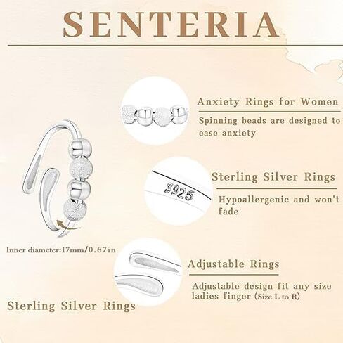 Senteria Anxiety Rings for Women Sterling Silver Rings Adjustable Stress Spinner Rings with Beads Fidget Rings for Anxiety Women in Kuwait