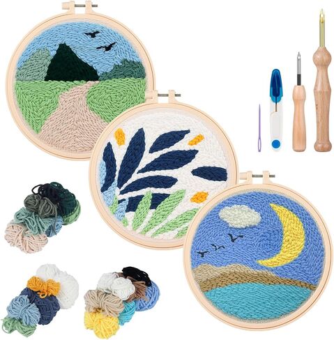 Zuaooz 2 Set Punch Needle Kits,Punch Needle Embroidery Starter Kits for Kids and Adults Beginners,Punch Needle Tools with Leaf&Sunset Pattern,Yarns,Hoops and Punch Needles in Saudi Arabia