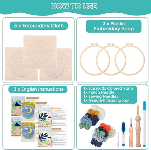 Zuaooz 2 Set Punch Needle Kits,Punch Needle Embroidery Starter Kits for Kids and Adults Beginners,Punch Needle Tools with Leaf&Sunset Pattern,Yarns,Hoops and Punch Needles in Saudi Arabia