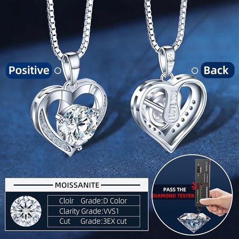 قلادة مويسانيت للنساء 1.0CT د ، قلادة القلب الفضية ذات الذهب الأبيض 18K ، هدايا ذكرى للنساء ، مما يجعلها هدية مثالية لزوجتك ، صديقتك ، أمي in Kuwait