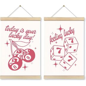 Locomiss Trendy Pink Preppy Girly Wall Art With Wooden Poster Hanger Frame, Feeling Lucky Pink Room Decor, Girly Bedroom Decor, Y2K Preppy Wall Decor Posters for Girls Room Dorm, 12x16 Inch, Set of 2