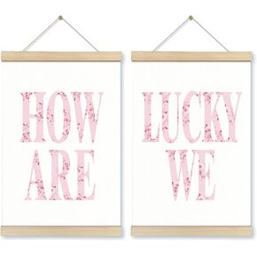 Locomiss Trendy Pink Preppy Girly Wall Art With Wooden Poster Hanger Frame, How Lucky Are We Room Decor, Pink Bedroom Decor, Preppy Flowers Wall Decor Posters for Girls Room Dorm, 12x16 Inch, Set of 2