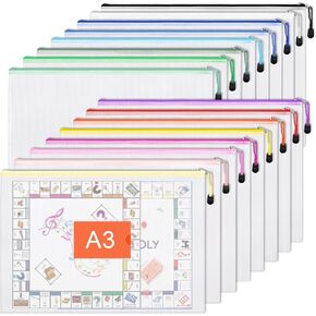 EOOUT 24pcs Mesh Zipper Pouch Bags A3 Extra Large Document Bag with Label Pocket, 16.9x12 Inches, Plastic Zip File Folders, Puzzles, Board Game Storage for Organizing Office Home