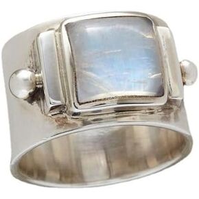 Htayekog Moonstone Wide Band Ring 925 Sterling Silver Square Cut Moonstone Wide Band Ring Boho Vintage Rainbow Natural Moonstone Statement Solitaire Ring Retro Square Promise Ring for Women（10）