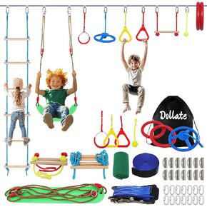 Ninja Warrior Obstacle Course for Kids - 65FT, Outdoor Obstacle Course 14 Accessories, Swings, Monkey Bars, Arm Trainers - Suitable for Boys and Girls 3+ - 440 lbs Capacity