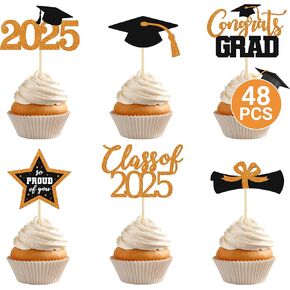 48 PCS Graduation Cupcake Toppers 2025, 6 Style Black and Gold Graduation Cake Toppers, Glitter Design Class of 2025 Toppers Grad Cupcake Picks, Disposable 2025 Graduation Decorations