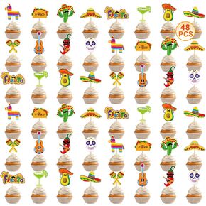 24 PCS Cinco De Mayo Decorations, 12 Style Fiesta Cake Toppers, Cocktail Guitar Chili Design Cinco De Mayo Cupcake Toppers Mexican Toothpicks, Taco Party Decorations Mexican Decor for Fiesta Party
