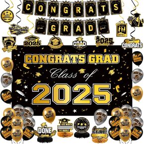 Graduation Decorations Class of 2025, Black and Gold Graduation Party Decorations Set with Banner Class of 2025, Balloons, Honeycomb Supplies for Graduate Party