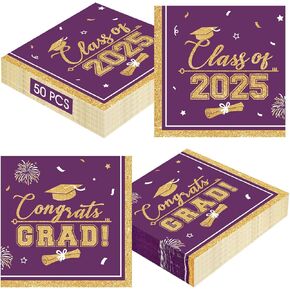 50 Pcs Graduation Napkins Class of 2025 - Blue Gold Congrats Grad Napkins Set, 3-Ply Disposable Graduation Luncheon Dinner Party Paper Napkins for Graduations Party Supplies Table Decoration