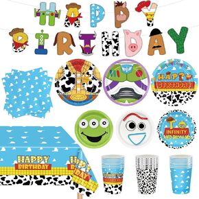 122pcs Birthday Party Decorations Cartoon Plates Napkins Tablecloth Banner Disposable Cups Party Supplies for Boys Girl Birthday Decor for 30 Guests