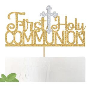 First Communion Cake Topper - It's My Baptism Cake Decoration for Kids - God Bless/Baby Shower/Baby First Birthday Party Supplies, Gold Glitter