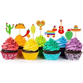 36 PCS Fiesta Cupcake Topper Mexican Thief Defort Decoration for Mexican Cactus Donkey Taco Pepper Sombrero Matache Decorations
