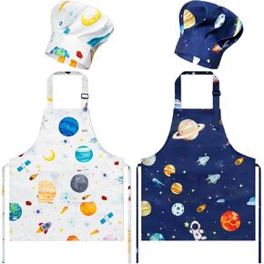 GROBRO7 4Pcs Kids Apron and Chef Hat Set Gift for Girls Boys Dinosaurs Construction Vehicles Adjustable Kitchen Child Aprons with 2 Pockets Waterproof Chef Hats for Baking Cooking Painting Training