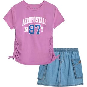 AEROPOSTALE Girls' Skort Set - 2 Piece Jersey Graphic Tee and Twill Cargo Scooter Skorts - Summer Outfit for Girls (7-16)