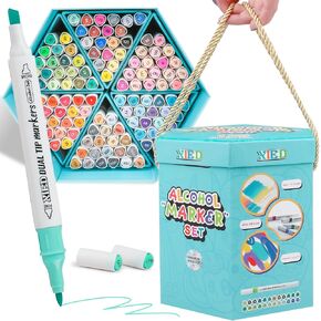 Alcohol Markers, 120 Colors Premium Hexagonal Markers Set Gift Box for Kids, Students, Adults, Artists in Coloring & Drawing(Fine &Broad)