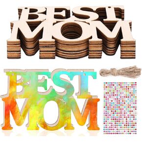 Juome 24Pcs Mothers Day Unfinished Wood Crafts for Kids Classroom- Best MOM Wooden Painting Crafts for Kids, DIY Wooden Cutouts Letters Ornaments Tags for Mothers Day Gifts Bulk Decorations