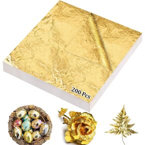 200 Pcs Gold Leaf Sheets for Art & DIY Projects, Gold Foil Sheets, Gold Flakes for Resin, Gilding Crafting, Nails, Furniture, Home Decor - 5.5" X 5.5"