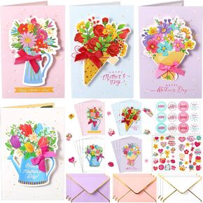 12 Pack Mother's Day Cards Bulk 3D Happy Mothers Day Card Making Kits with Envelopes Stickers Ribbon and Flower Cutout Handmade Gifts for Mom Wife Daughter Women Friends